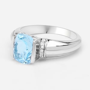 Blue Topaz Ring, Natural Blue Topaz Cushion and White Topaz Cocktail Ring, Half Bezel Set 925 Sterling Silver, December Birthstone Ring