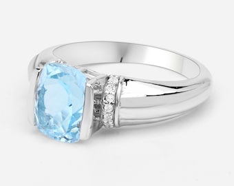 Cushion Blue Topaz Ring, Blue Topaz Silver Ring, 925 Sterling Silver, December Birthstone Ring, Natural Blue Topaz