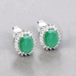 Emerald Halo Studs, Genuine Zambian Emerald Oval and White Diamond 10K White Gold Halo Earrings, May Birthstone, Bridesmaid Gift
