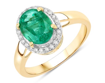 14k Gold Emerald Ring, Natural Zambian Emerald Oval and Diamond Gold Ring 14k Yellow Gold for Women, 14k Solid Gold Emerald Engagement Ring