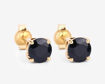 14k Gold Blue Sapphire Rounds Stud Earrings, Dainty Blue Sapphire Earrings 14k Yellow Gold, September Birthstone Earrings, Bridesmaid Gift