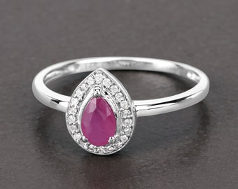 Ruby Ring, Ruby Halo Ring in 14k White Gold, Ruby Diamond Ring, July Birthstone Ring, Minimalist Ring, Bridesmaid Gift, Gold Ring For Women