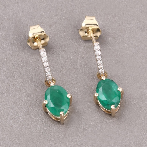 14K Yellow Gold Emerald Earrings, Genuine Emerald Oval and White