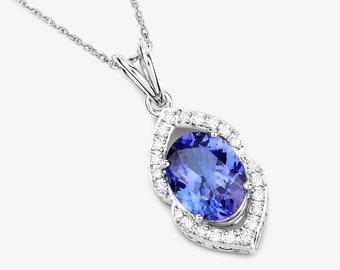 14K White Gold Tanzanite Pendant, Genuine Tanzanite and Diamond Gold Pendant Necklace, Statement Pendant, Fine Tanzanite Gold Pendant