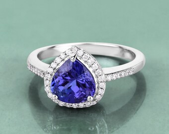 14K White Gold Tanzanite Ring, Genuine Tanzanite Trillion-Cut and Diamond Ring, Tanzanite Engagement Ring, Statement Ring, Bridal Ring