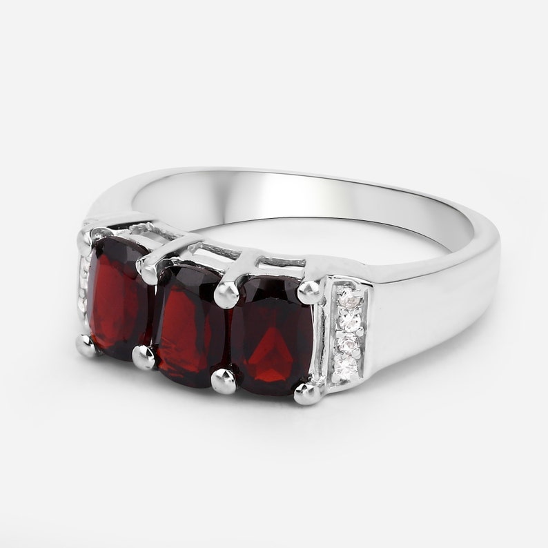 Garnet Silver Ring, Natural 3-Stone Garnet Ring in 925 Sterling Silver, Mozambique Garnet Silver Ring, January Birthstone Ring