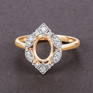 14k Gold Semi Mount Ring with Natural Diamonds, Customizable Yellow Gold Ring Semi-Mount, 14k Diamond Semi-Mount - holds 8x6mm Oval Stone