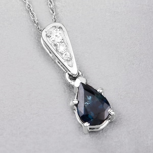 Sapphire Gold Pendant, 14K Solid White Gold Genuine Blue Sapphire and White Diamond Teardrop Pendant, September Birthstone, Gift For Her