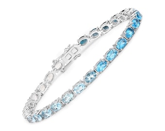Blue Topaz Bracelet, Genuine Blue Topaz Sterling Silver Bracelet, December Birthstone Gift for Women, Blue Topaz Tennis Bracelet Gift