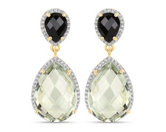 Amethyst Earrings, Natural Green Amethyst and Black Onyx 18k Yellow Gold Sterling Silver Drop Earrings, Prasiolite Wedding Drop Earrings