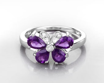 Amethyst Ring, Genuine Amethyst Sterling Silver Butterfly Ring for Women, Real Amethyst Butterfly Ring, February Birthstone Ring