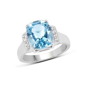 Blue Topaz Ring, Natural Sky Blue Topaz Cushion and White Topaz Round Cocktail Ring, Sky Blue Topaz Silver Ring, December Birthstone Ring
