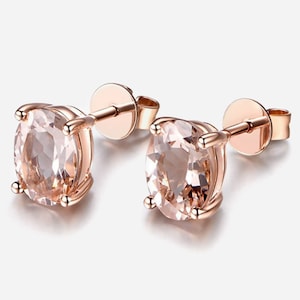 Morganite Earrings, Genuine Peach Morganite Oval Silver 18K Rose Gold Plated 0.80 Carat Stud Earrings, Bridesmaid Gifts, Minimalist Earrings