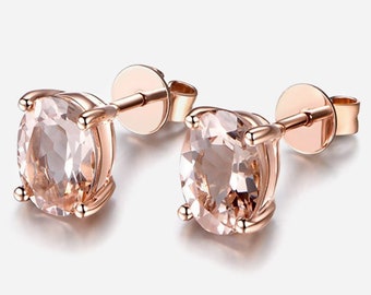 Morganite Earrings, Genuine Peach Morganite Oval Silver 18K Rose Gold Plated 0.80 Carat Stud Earrings, Bridesmaid Gifts, Minimalist Earrings