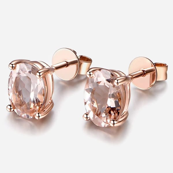 Morganit Ohrringe, echte Pfirsich Morganit Oval Silber 18K Rose Gold vergoldet 0,80 Karat Ohrstecker, Brautjungfer Geschenke, minimalistische Ohrringe