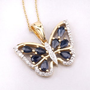 Sapphire Pendant, Genuine Midnight Blue Sapphire 14K Yellow Gold Sterling Silver Butterfly Pendant Necklace, Sapphire Butterfly Pendant Gift