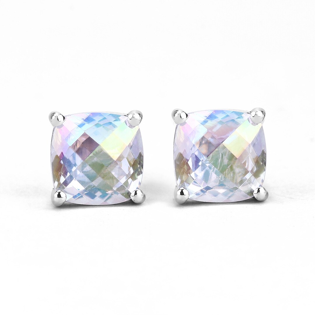 Rainbow Quartz Earrings, Rainbow Quartz Cushion Stud Earrings for Women
