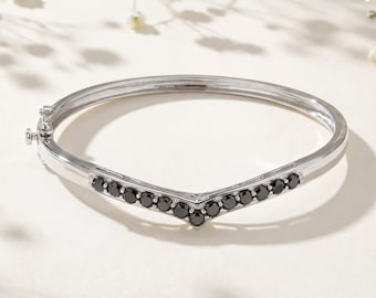 Black Diamond Bangle Bracelet, Natural Black Diamond Sterling Silver Bangle Bracelet for Women, April Birthstone (2.28ctw)