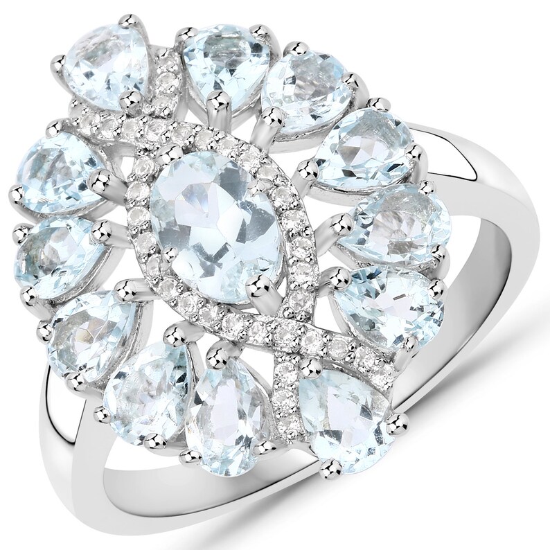Natural Blue Aquamarine Ring Cluster Ring March Birthstone Ring Sterling Silver Aquamarine Ring Aquamarine Ring Blue Gemstone Ring