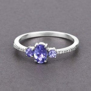 Tanzanite Ring, Solid 14k White Gold Tanzanite Diamond 3-Stone Ring for Her, Deep Lavender Gemstone Gold Ring, Engagement Ring, Promise Ring
