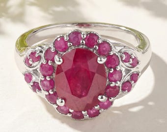 Ruby Silver Ring, Glass Filled Ruby Sterling Silver Ring for Women, Ruby Cocktail Ring, Red Gemstone Ring, July Birthstone, Anniversary Gift