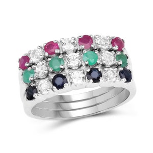3-Ring Set, Genuine Emerald, Ruby & Sapphire 3-Ring Set in Sterling Silver, Stackable Ring Set, Birthstone Rings, Genuine Gemstone Ring Set