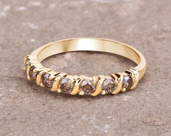 Champagne Diamond Ring, Gold Diamond Ring, 7 Stone Champagne Diamond Ring, April Birthstone Ring, Yellow Gold Ring, Gift for Women, 0.55 ctw