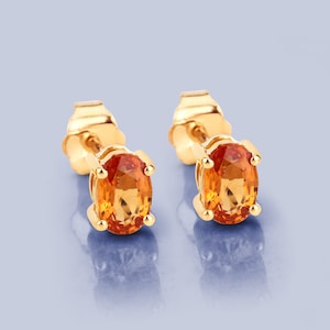 14K Gold Orange Sapphire Earrings, Genuine Orange Sapphire Oval Solid Yellow Gold Stud Earrings, September Birthstone, Minimalist Earrings