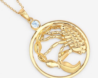 Scorpio Pendant: 14k Gold Sterling Silver, Blue Topaz Zodiac Necklace