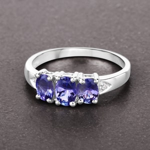 Tanzanite Ring, Classic Genuine 3-Stone Tanzanite Sterling Silver Ring for Women, Tanzanite Oval Gemstone December Birthstone Ring