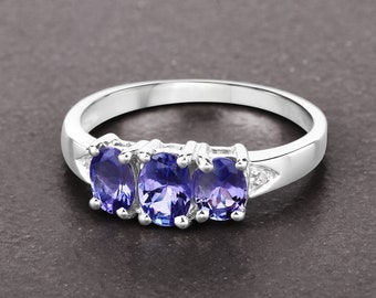 Tanzanite Ring, Classic Genuine 3-Stone Tanzanite Sterling Silver Ring for Women, Tanzanite Oval Gemstone December Birthstone Ring