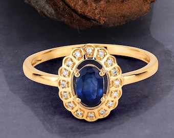 Sapphire and Diamond Halo Ring in 14k Yellow Gold, Natural Blue Sapphire Gold Ring, Minimalist Gold Ring, Blue Gemstone Ring, Christmas Gift