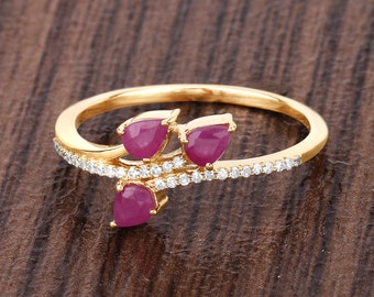 Ruby Ring, Ruby Bypass Ring, Ruby Yellow Gold Ring, 14K Gold Ruby Ring, Solid Gold Ring, July Birthstone, Diamond Ring, Gold Ring For Women