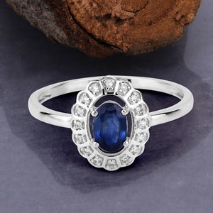 14K Gold Blue Sapphire Ring, Natural Blue Sapphire and Diamond Ring, Blue Gemstone Ring, Blue Sapphire White Gold Ring, Minimalist Ring