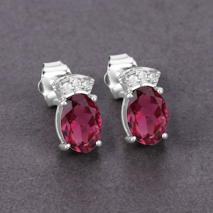 14K White Gold Pink Tourmaline Earrings, Genuine Pink Tourmaline Oval and Diamond Stud Earrings, October Birthstone, Pink Bridal Earrings
