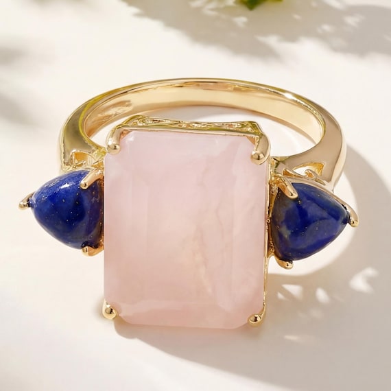 Pink Opal Ring, Natural Pink Opal & Lapis 3-Stone Cocktail Ring, .925 Sterling Silver Yellow Gold Plated, Pink Gemstone Ring, Gift for Wife