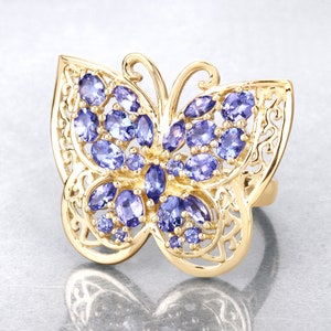 Tanzanite Ring, Genuine Tanzanite 14K Yellow Gold Sterling Silver Butterfly Ring for Women, Tanzanite Butterfly Ring, December Birthstone