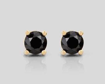Black Diamond Earrings, Black Round Stud Earrings, Dainty Earrings, Bridal Earrings, Wedding Earrings, Sterling Silver, April Birthstone