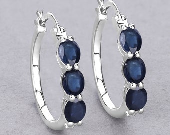 Blue Sapphire Earrings, Natural Blue Sapphire Hinge Earrings in .925 Sterling Silver for Women, Blue Gemstone, September Birthstone