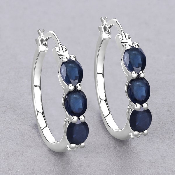 Blue Sapphire Earrings, Natural Blue Sapphire Hinge Earrings in .925 Sterling Silver for Women, Blue Gemstone, September Birthstone