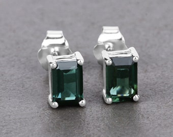 14k Gold Green Tourmaline Earrings, Genuine Green Tourmaline White Gold Stud Earrings, October Birthstone, Bridal Green Tourmaline Studs