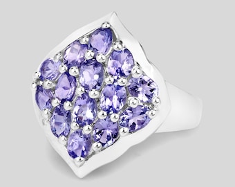 Tanzanite Ring, Real Tanzanite Cluster Ring in .925 Sterling Silver with Rhodium Plating, for Women, December Birthstone