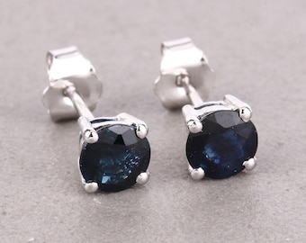 Blue Sapphire Studs, 14k Solid White Gold Genuine Sapphire Round Shape Studs, Dainty Stud Earrings, September Birthstone, Bridesmaid Gift