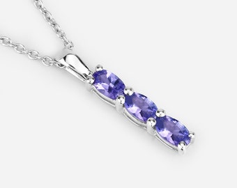 Tanzanite Pendant, Natural Tanzanite Oval 3-Stone Pendant in .925 Sterling Silver for Women, December Birthstone