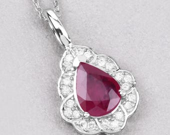 Ruby Gold Pendant, 14K White Gold Real Ruby and White Diamond Teardrop Pendant, Ruby Pear Shape Pendant, July Birthstone, Bridal Gift