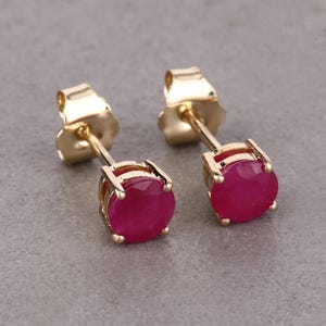Ruby Studs, 14k Yellow Gold Natutral Pink Ruby Round Shape Studs, Dainty Stud Earrings, July Birthstone, Bridesmaid Gift