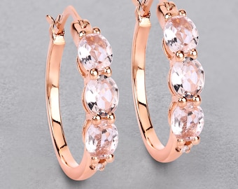 Morganite, Morganite Silver Earrings, Natural Morganite Hinge Earrings in .925 Sterling Silver for Women, Pink Gemstone, Christmas Gifts