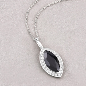 Sapphire Pendant, Genuine Blue Sapphire and White Diamond 10K White Gold Halo Pendant, Marquise Pendant, September Birthstone, Gift For Her
