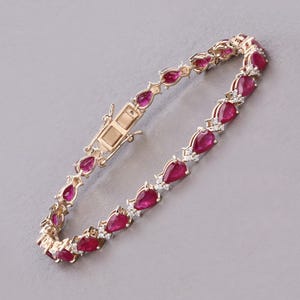 14k Gold Ruby Bracelet, July Birthstone Bracelet, Genuine Ruby and Diamond Yellow Gold Bracelet for Women, Ruby Tennis Bracelet