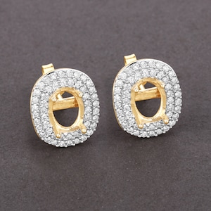 14k Gold Semi Mount Earring with Natural Diamonds, Customizable Gold Stud Earring Semi-Mount, Diamond Semi-Mount - holds 7x5mm Oval Stones